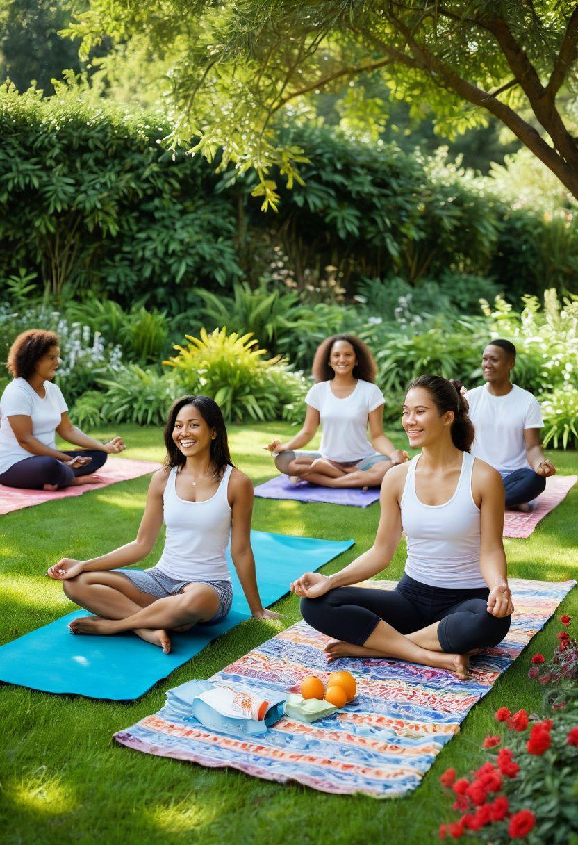 A serene family gathering in a lush garden, showcasing diverse families sharing healthy meals and engaging in collaborative activities like yoga and crafting. The scene includes children playing, parents discussing wellness strategies, and a backdrop of nature symbolizing holistic health. Use warm, inviting colors with soft light to evoke a sense of community and well-being. super-realistic. vibrant colors.