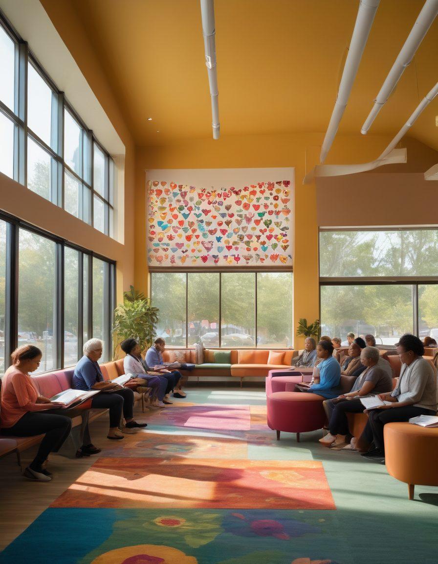 A diverse group of community members engaging in an uplifting discussion, surrounded by symbols of mental wellness like flowers, hearts, and open books. The scene is set in a warm, inviting community center filled with natural light, showcasing various local service booths in the background. The atmosphere is positive and supportive, representing empowerment and advocacy. The image conveys a sense of connection and hope. vibrant colors. super-realistic.