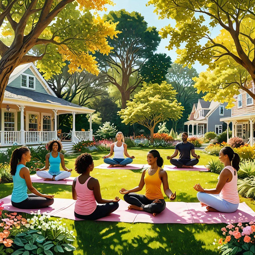 A vibrant community scene filled with diverse groups of people engaging in joyful activities, such as sharing stories, practicing wellness exercises, and gardening together. Include elements of nature like trees and flowers to symbolize growth, alongside warm colors that evoke feelings of happiness and connection. Highlight symbols of support like hands joined in unity and hearts to denote love and community spirit. super-realistic. vibrant colors. peaceful atmosphere.